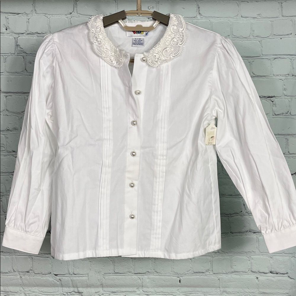 Vintage Eagle’s Eye Kids White Button-Up Cotton Blouse w/ Lace Collar NWT Size S